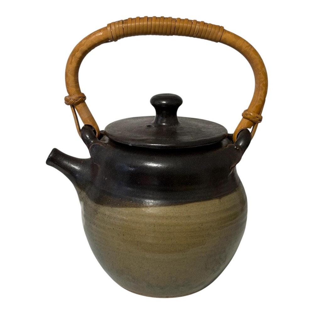Vintage Studio Pottery Signed Teapot Two Tone Brown Green Glaze Bamboo Handle